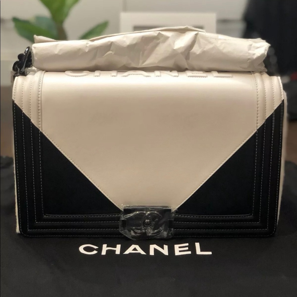 CHANEL Black & White Geometric Lambskin Boy Bag